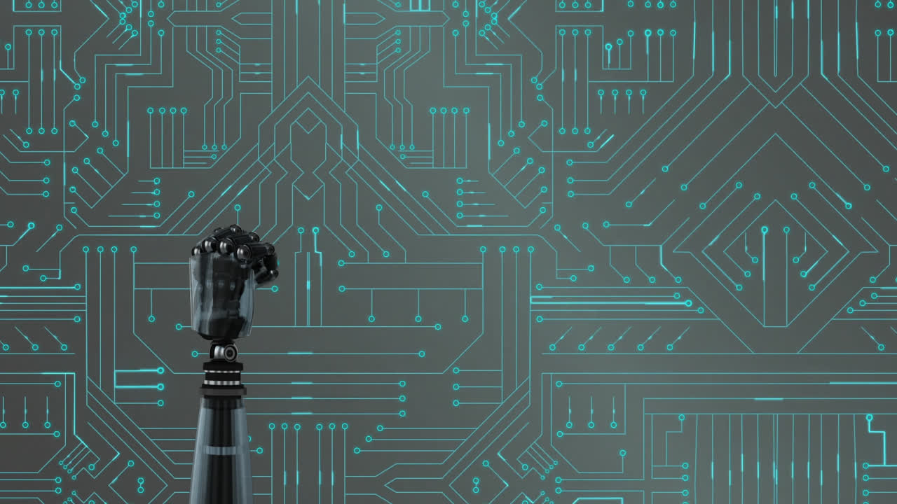 mano de robot y placa de circuito brillante