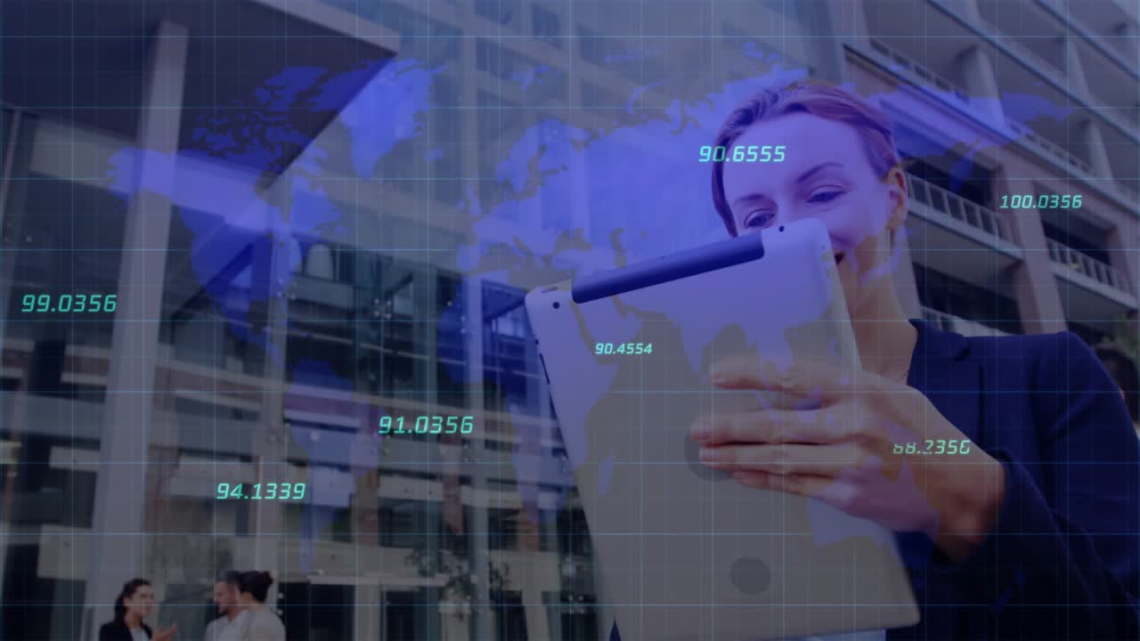 Adult woman tapping tablet screen activating world map viewing metrics while tech team conversing