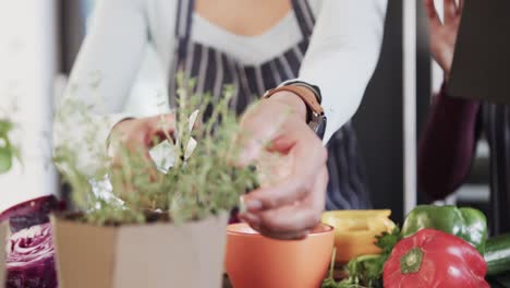 sección media de una pareja lesbiana biracial cortando hierbas y usando tableta en la cocina, en cámara lenta