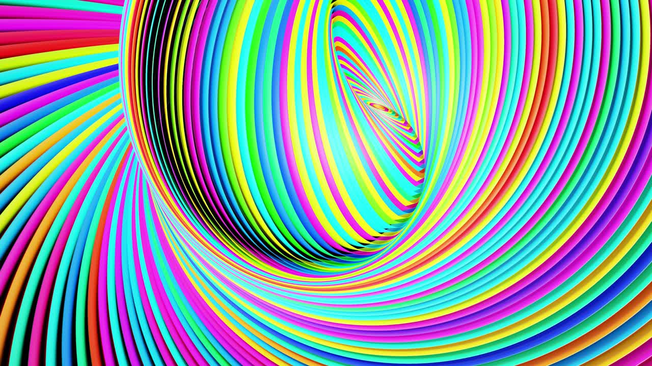 Sfondo geometrico astratto in loop con anelli che formano una spirale complessa e attorcigliata ed effetti di luce. Gli anelli lampeggiano con luci neon multicolore. Lampadine ad anello al neon per spettacoli o eventi, festival o concerti, night club per VJ.