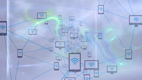 animation of green light trails with network of media icons, on grey background