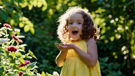 young girl's joyful discovery of a frog in the garden