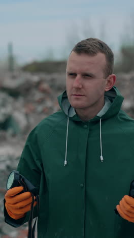 virologist man taking off his protective costume and respirator gas mask while standing near landfill site pollution and looking at the scale of the disaster. vertical video