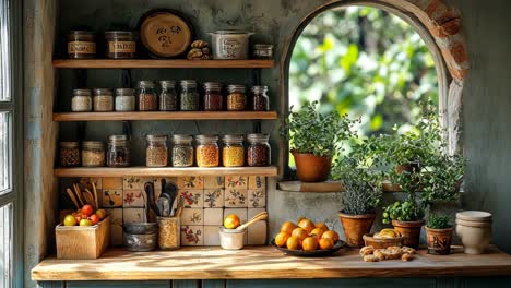 charming rustic kitchen with vibrant produce and herbs on display