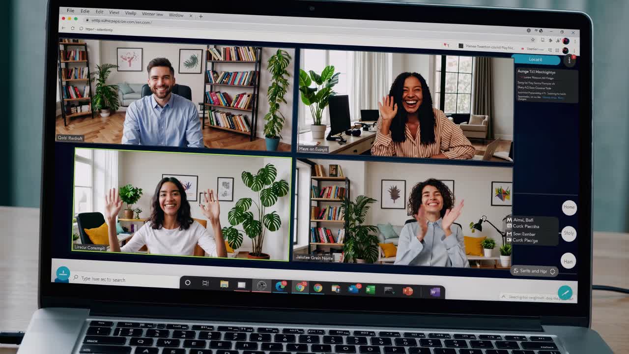Laptop screen displaying a video call with four smiling participants
