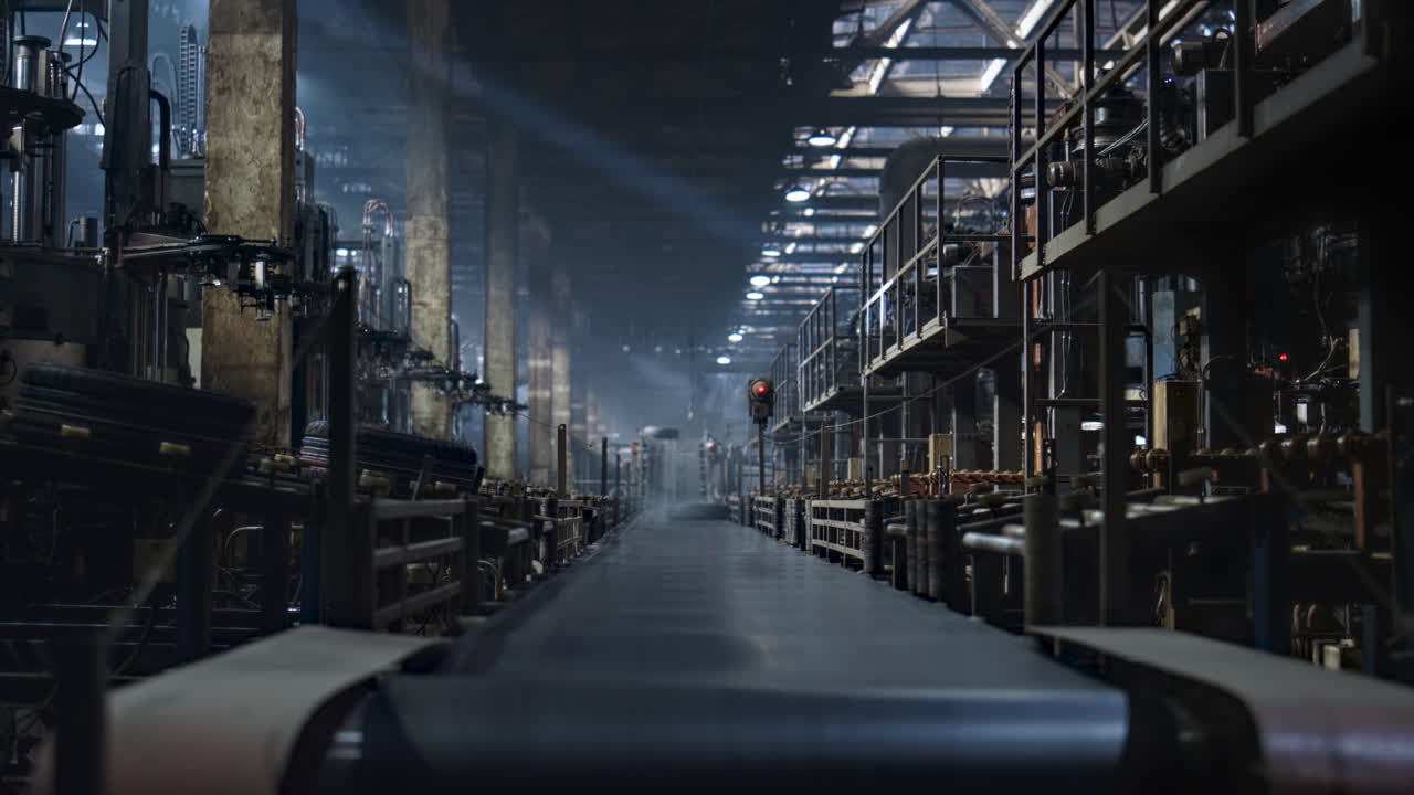 Tire manufacture company conveyor moving rubber production working concept