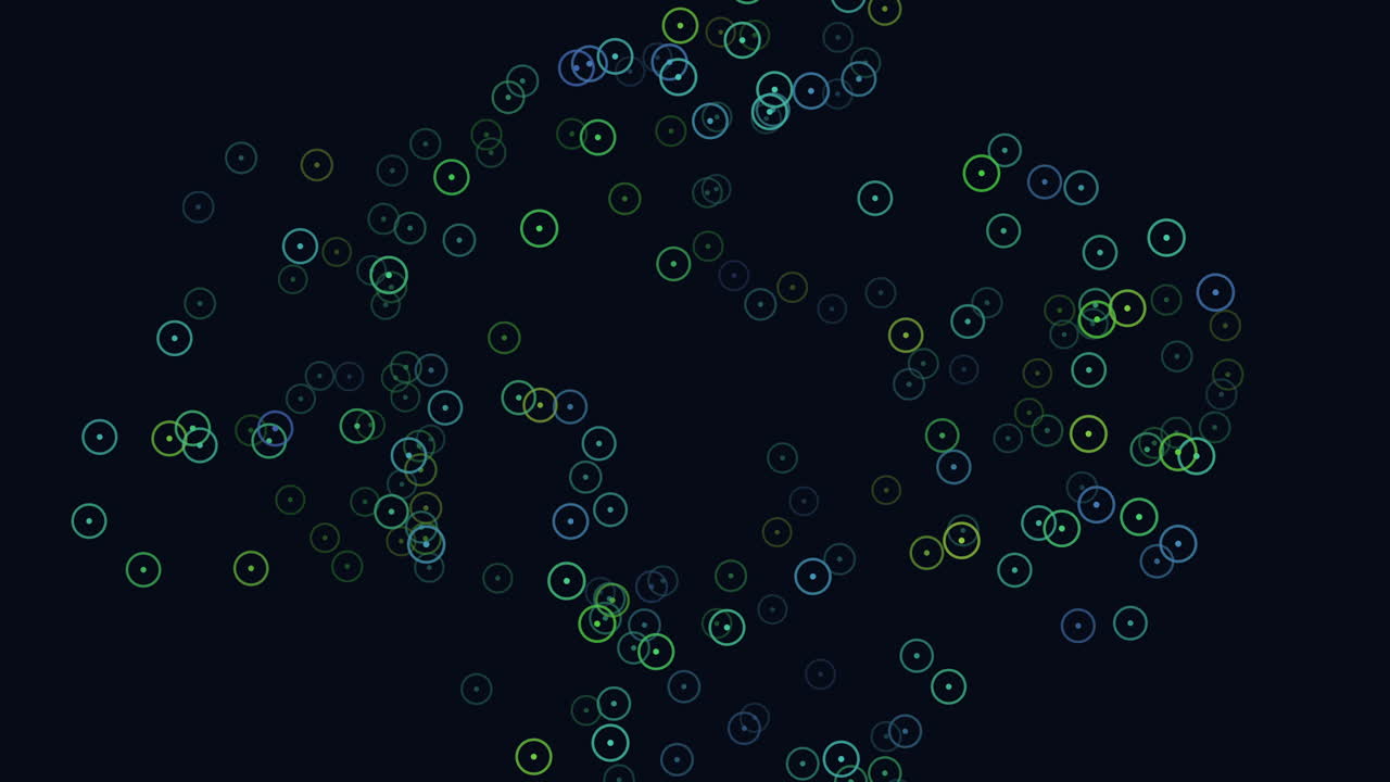 Animated abstract bokeh circles and connected particle nodes drifting across a dark background, ideal for technology, data, science, and digital interface themes