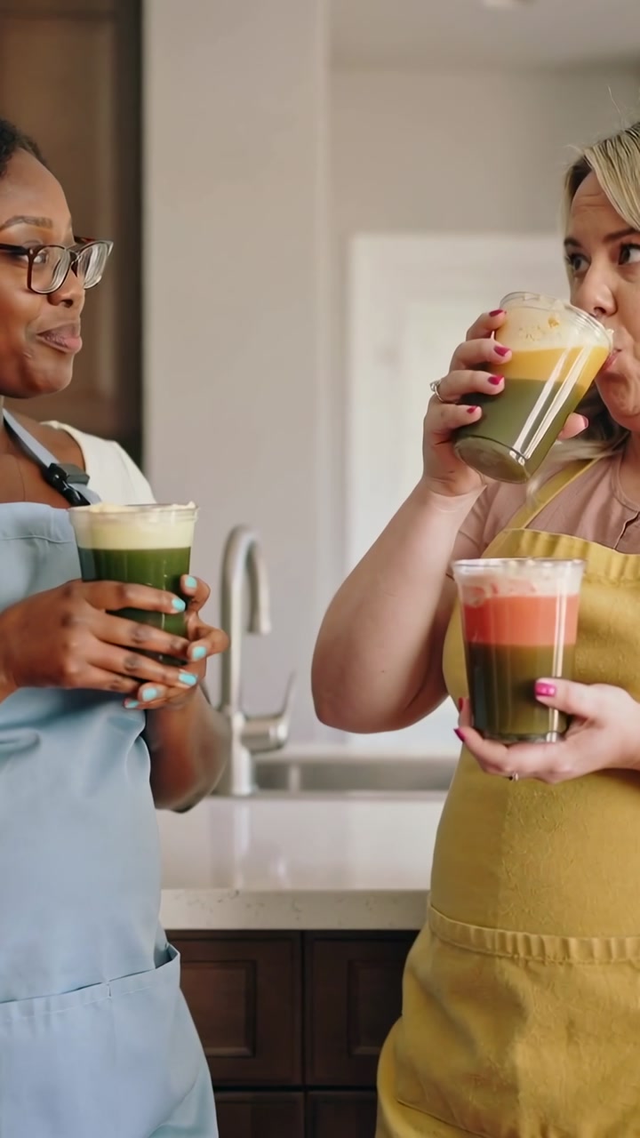 Vertical video: Serving layered drinks, two women tasting and comparing at kitchen sink in aprons
