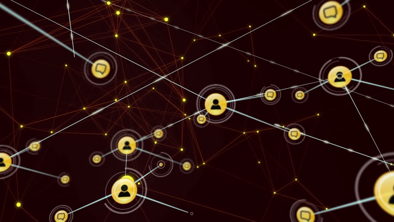 Animation of network of connections with icons on black background