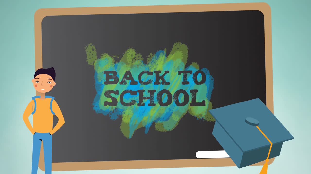 Animation of back to school text on chalkboard with cartoon schoolboy and mortarboard