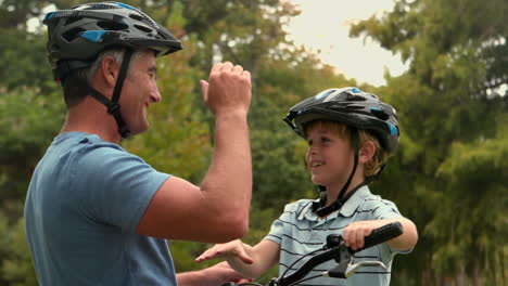 happy father on a bike with his son