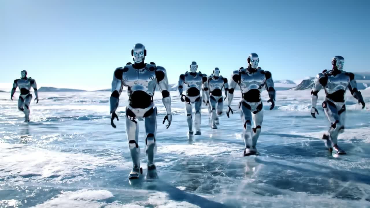 A group of futuristic robots advances across a vast icy landscape, showcasing a blend of advanced technology and harsh natural beauty in a stunning visual narrative