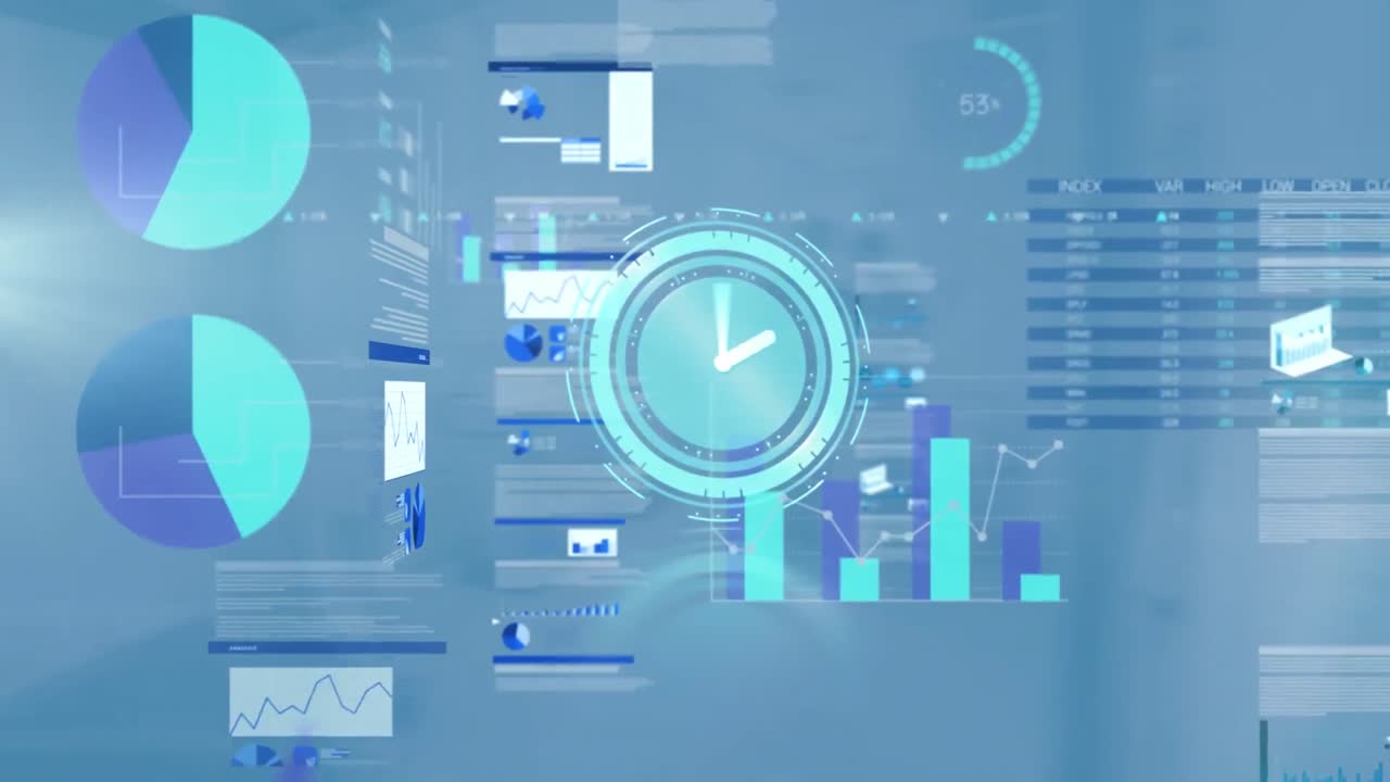 animación de reloj digital sobre gráficos, textos, tablero de negociación contra un fondo abstracto