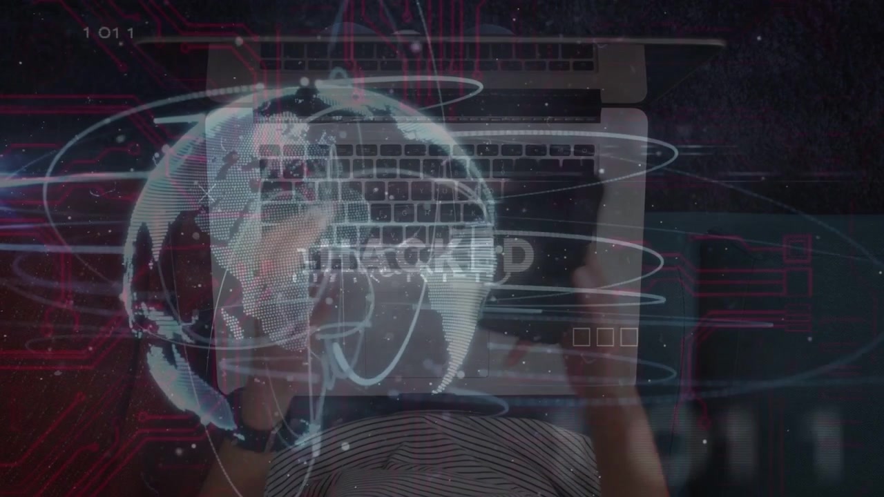 Woman typing on lap with phone, causing holo globe, HACKED text showing, keys glowing, alerting IT