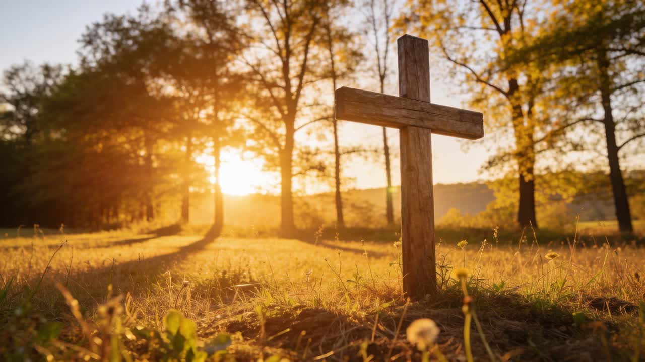 Croce di legno eretta che segna un tumulo in un campo, con il sole che rischiara, il lens flare che si sposta e spazio per il testo.