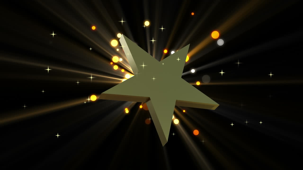 Rotating gold christmas star over starburst with yellow and orange light spots on black background