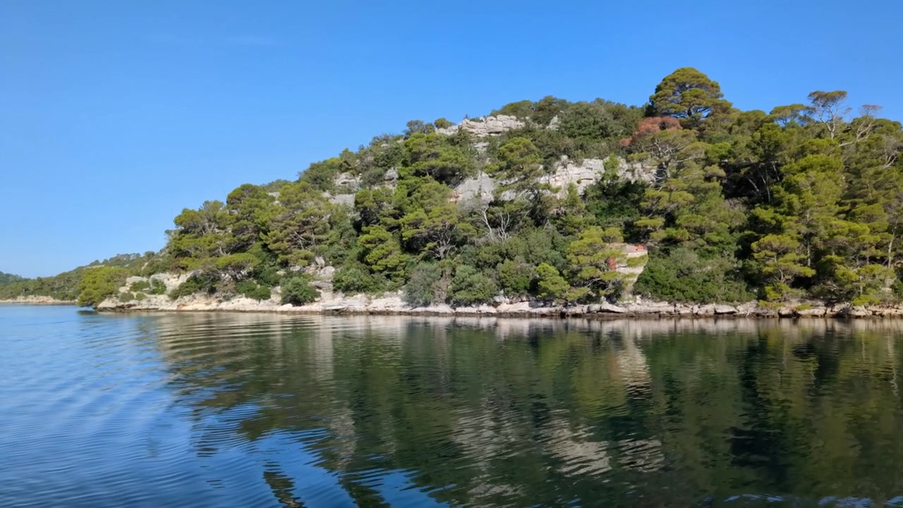 Vista mare tranquilla con natura verde lussureggiante e acqua calma, ripresa in movimento, Mediterraneo