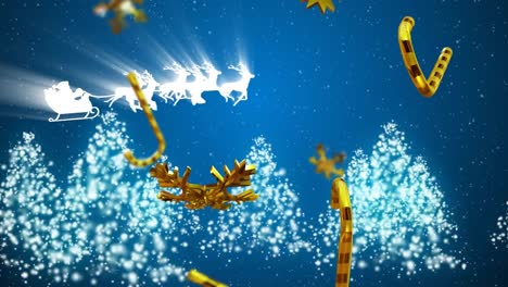 Animation-of-christmas-gold-snowflakes-and-candy-canes-over-santa-claus-in-sleigh-on-blue-background