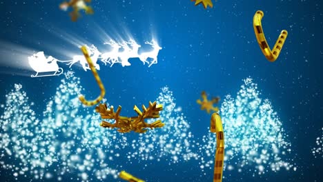 animación de navidad copos de nieve de oro y bastones de caramelo sobre santa claus en trineo sobre fondo azul