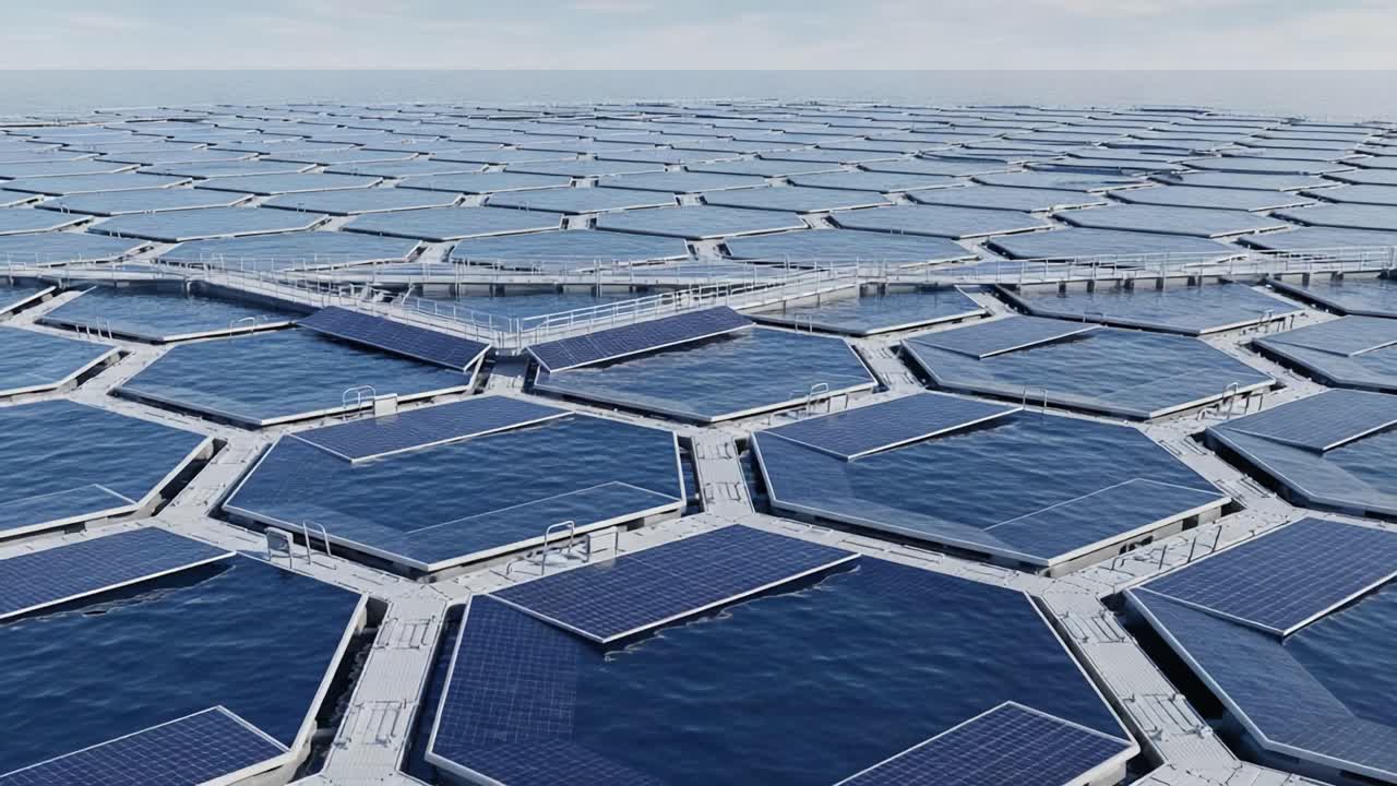 Aerial View of Innovative Floating Solar Farm Featuring Hexagonal Solar Panels on Calm Waters, Highlighting Renewable Energy Solutions for Sustainable Future