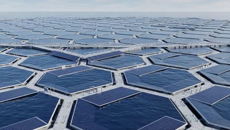 aerial view of innovative floating solar farm featuring hexagonal solar panels on calm waters, highlighting renewable energy solutions for sustainable future