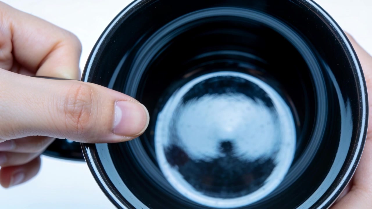 Deux mains faisant pivoter et incliner une tasse noire sur une table blanche, remarquant et vérifiant un reflet lumineux intense.