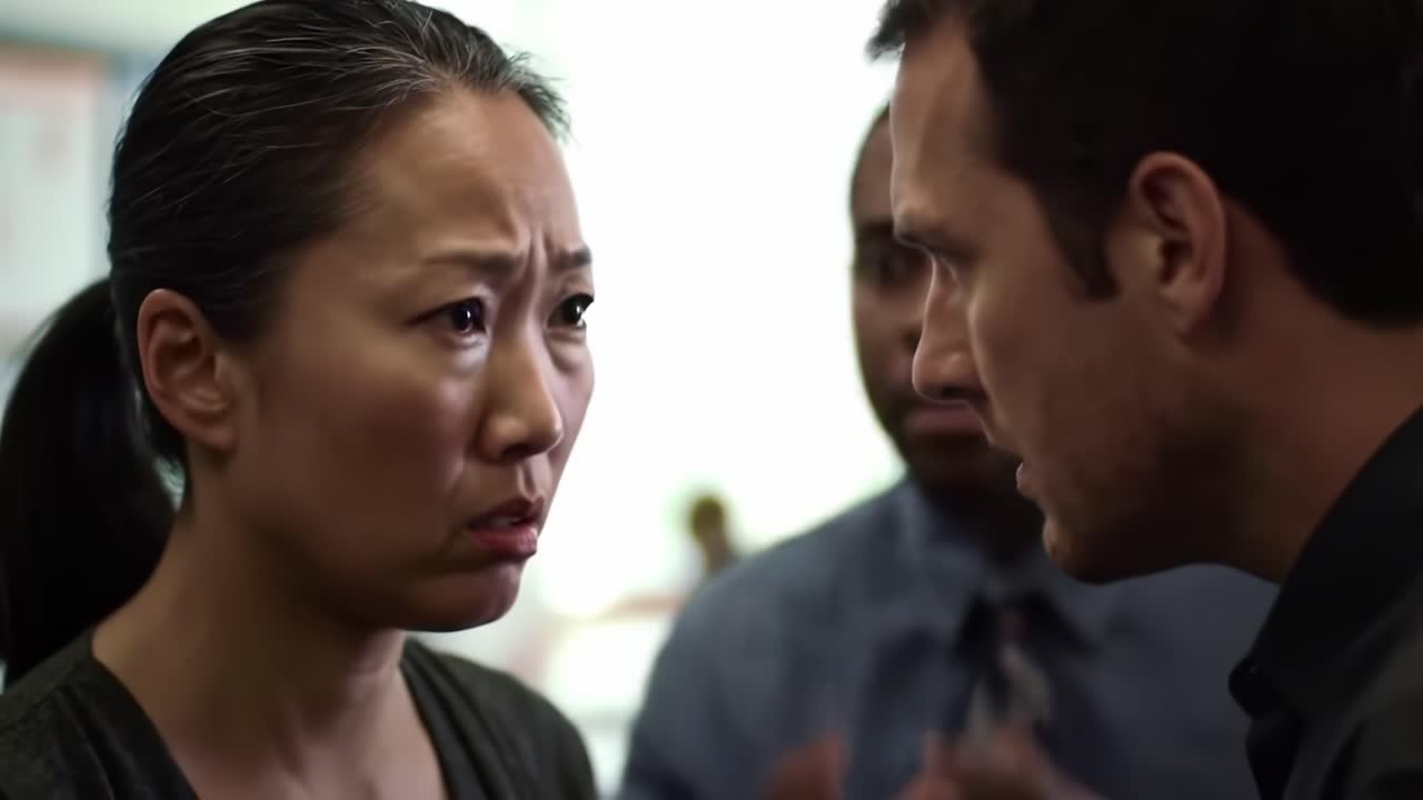 A heated exchange occurs between two characters in a busy office environment. Emotions run high as they face off, conveying tension and urgency amidst the workplace backdrop.