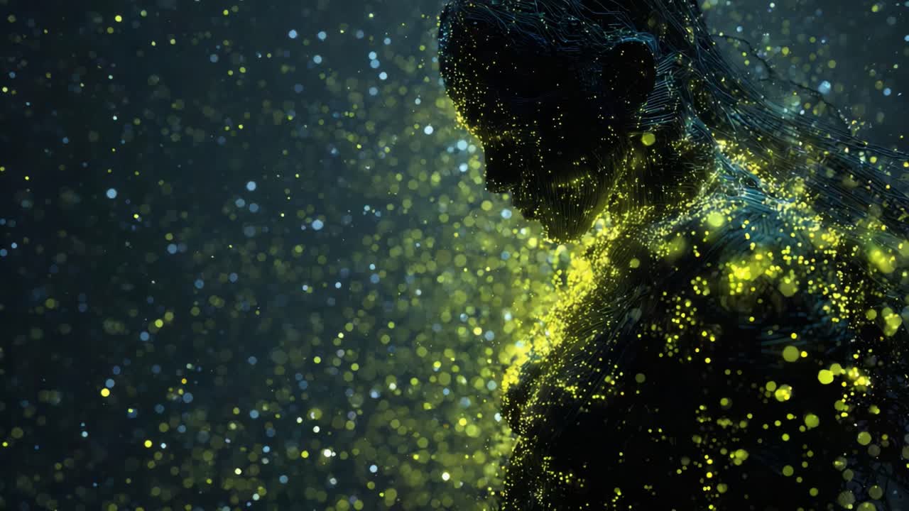 Surreal representation of a human figure dissolving into luminous particles, symbolizing technology, consciousness, and the digital realm in a mesmerizing and artistic visual animation