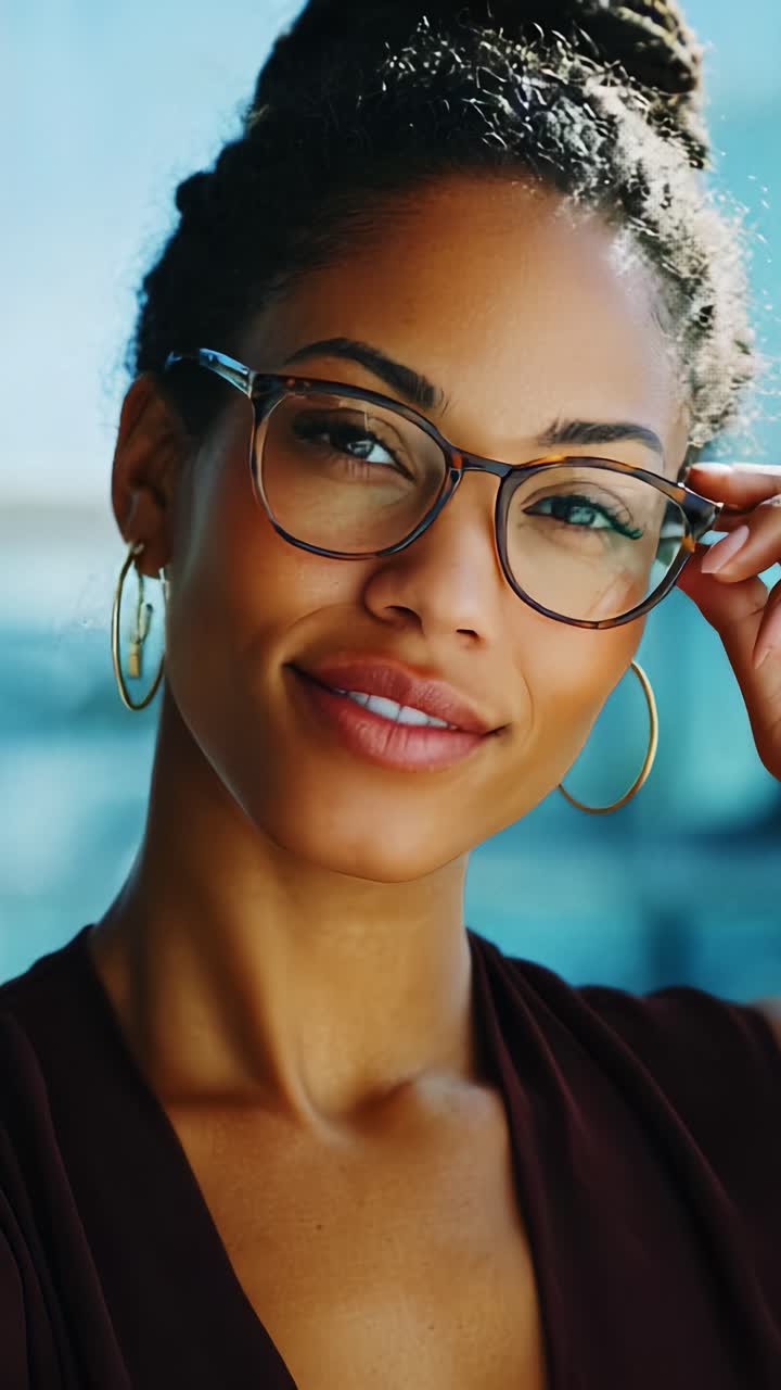 Expressive Portrait of a Stylish Woman with Glasses, Radiating Confidence and Poise in a Softly Lit Environment, Capturing the Essence of Modern Sophistication