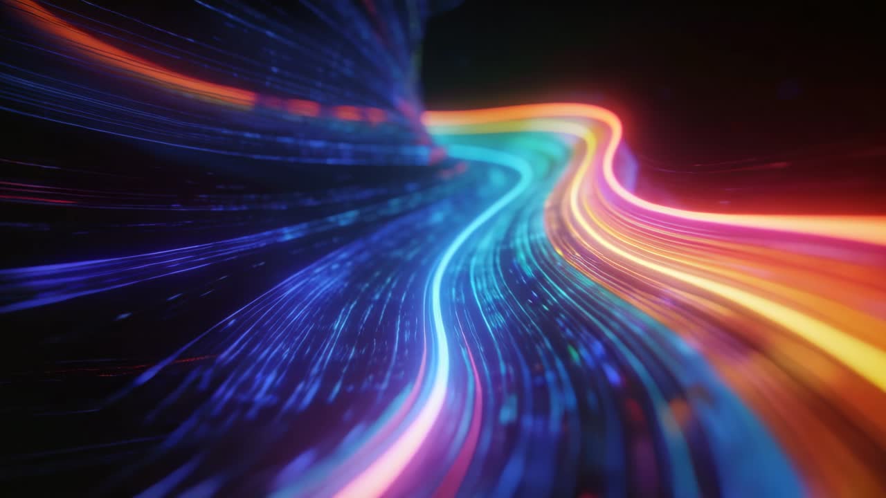Telecamera che avanza, mostrando un nastro neon colorato che si curva nel vuoto, rivelando dettagli delle particelle.