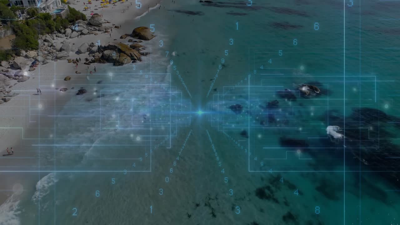 Overlay activating over aerial beach surf, grid lines panning and tracking shoreline progression