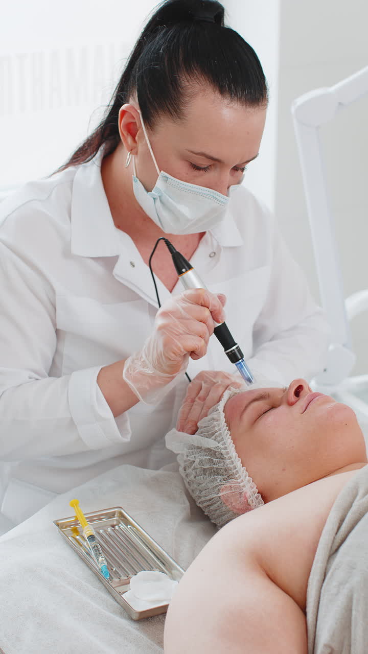 Cosmetologo che esegue una procedura di peeling, rigenerazione della pelle femminile, dermapen, microneedling, dermastamp