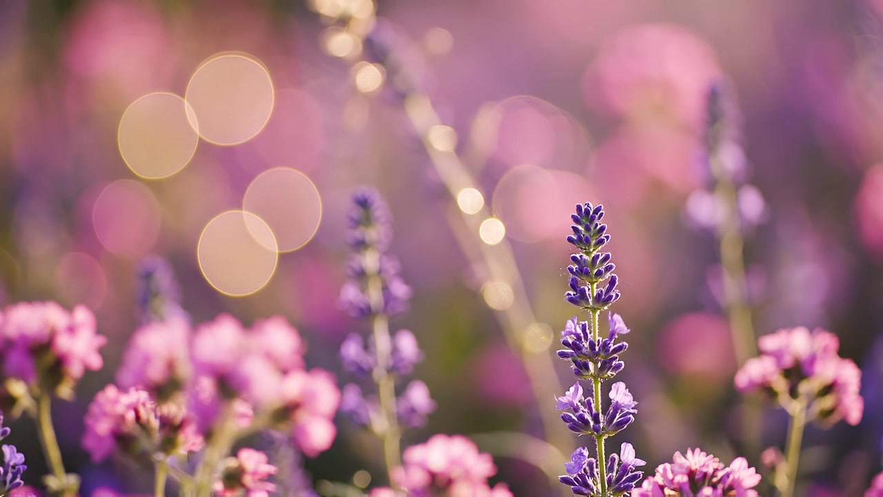 Soft focus pink flowers in garden with golden bokeh background