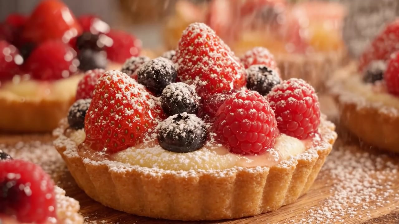 Vetrina di deliziose crostate di frutta: Una vista ravvicinata di pasticcini splendidamente decorati, guarniti con frutti di bosco freschi e glassa lucida, perfetti per qualsiasi tavolo da dessert.