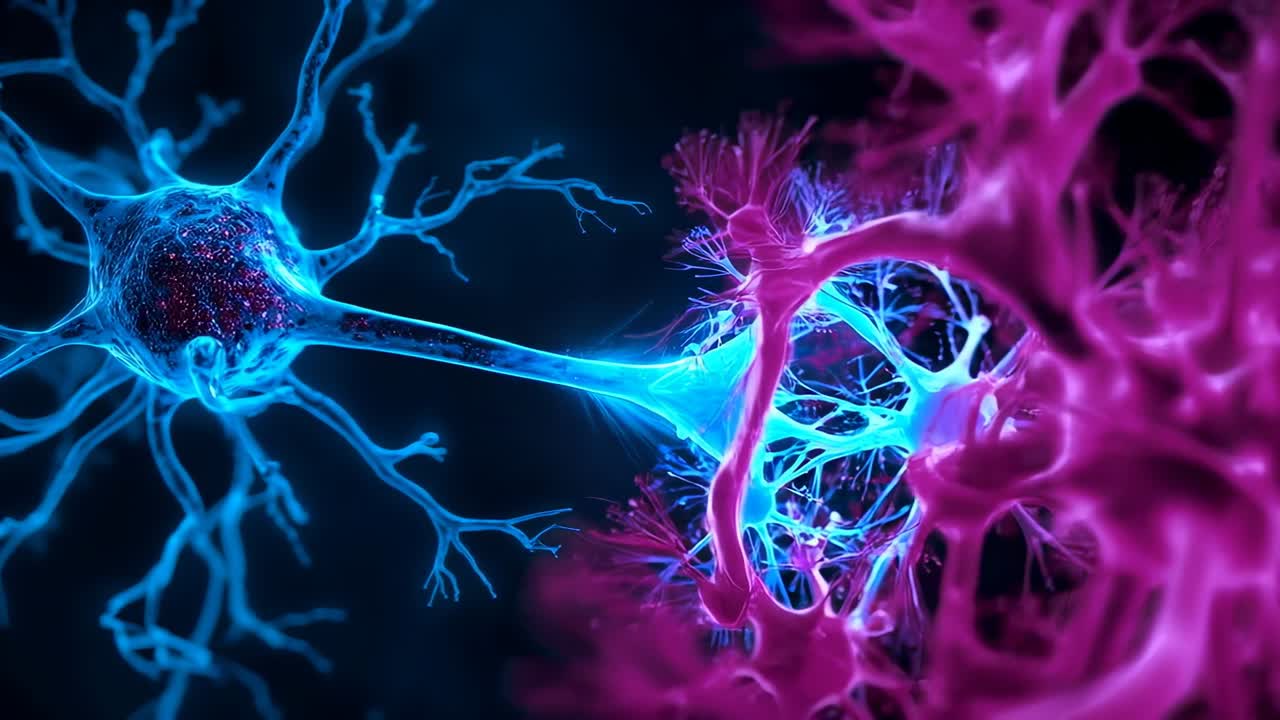 Approaching magenta processes, blue neuron axon contacting and forming synapse in stylized tissue