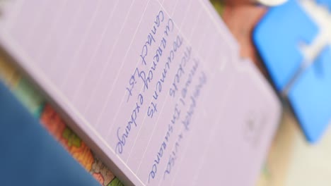close-up of a purple notebook with handwritten notes