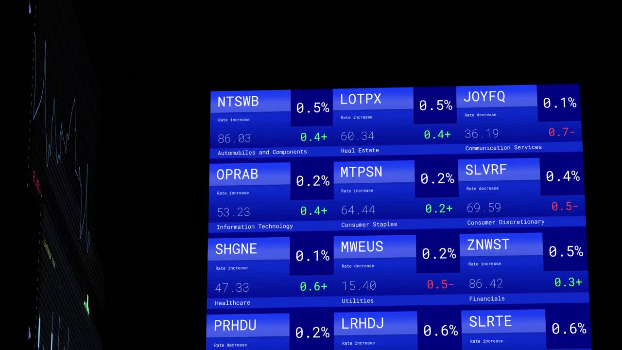 Animazione di elaborazione dati finanziari con schermi su sfondo nero