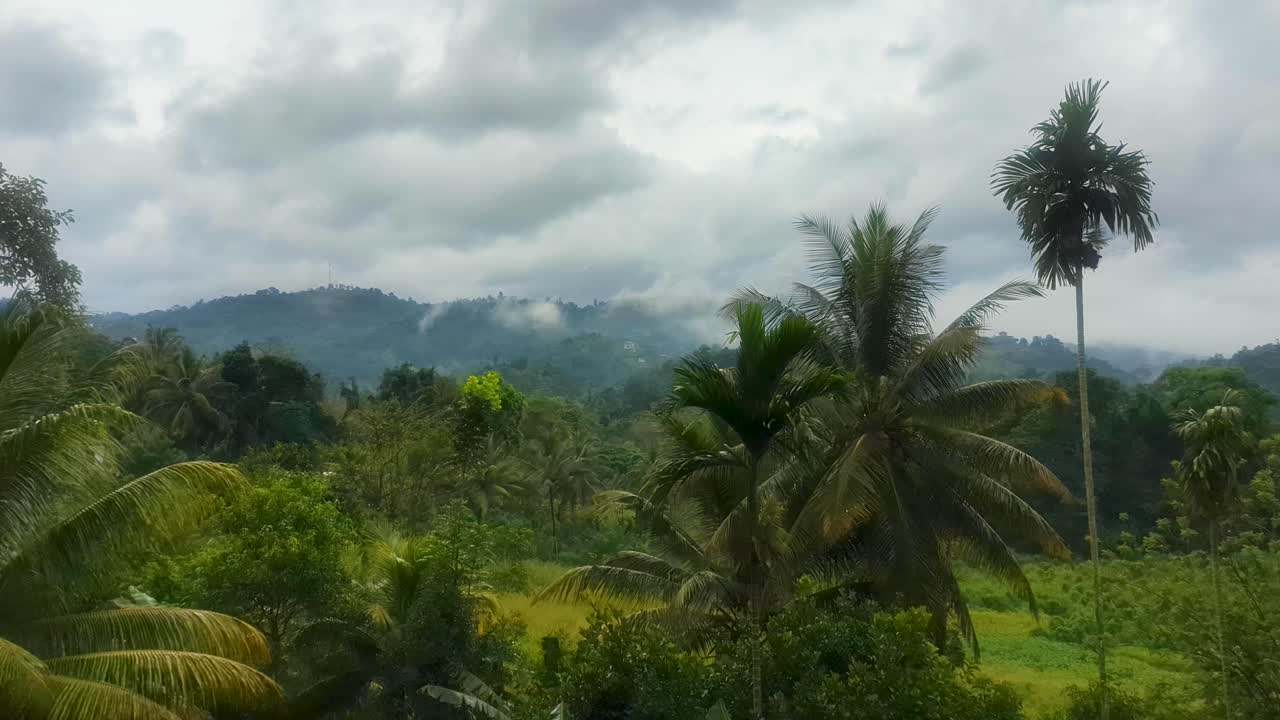 Dark rain clouds over green landscape of trees in the mountainous environment of highlands Sri Lanka