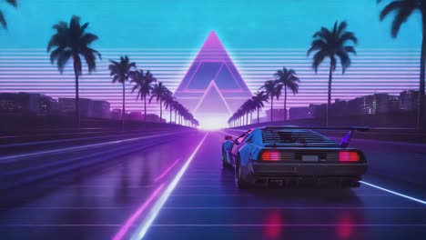 outrun aesthetic car on a neon highway