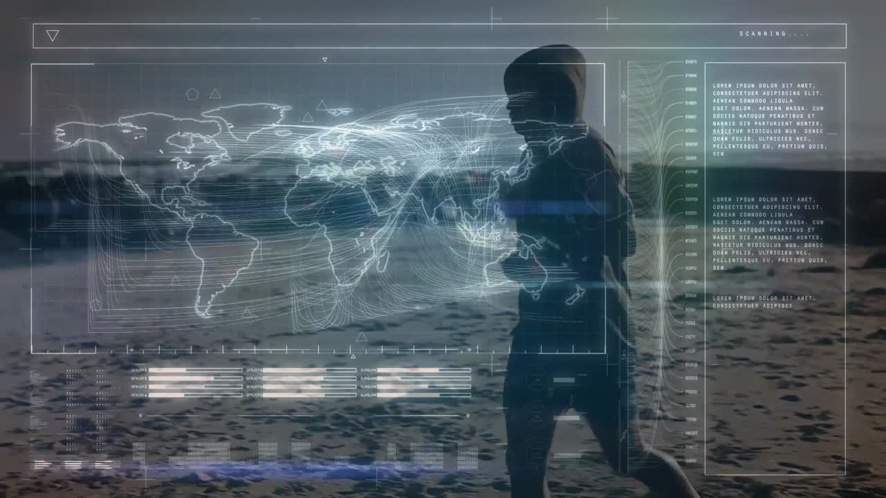 Animation of data processing over fit man running at beach