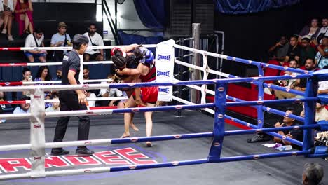 intense muay thai fight with enthusiastic audience