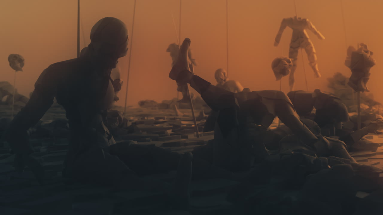 Destroyed andorids on a junkyard in yellow light