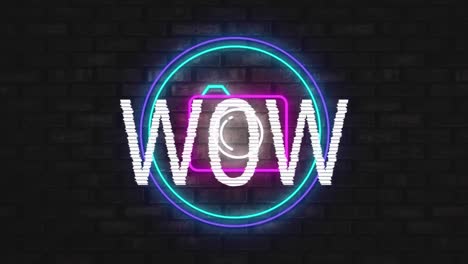 Animation-of-wow-text-with-flickering-neon-and-camera-icon-on-brick-wall-background