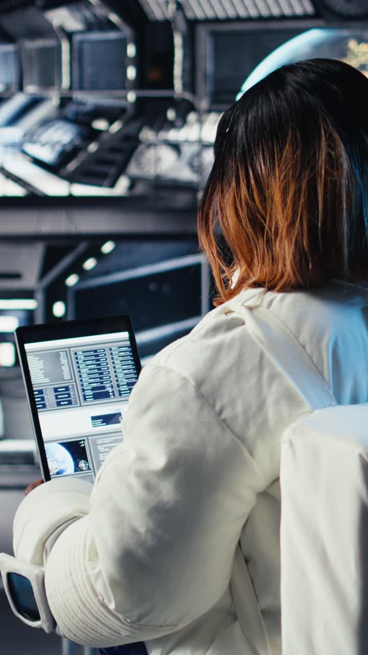 Vertical video Astronaut in spacesuit checks human expansion in space mission data on tablet