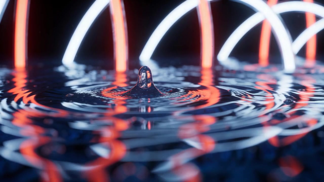 Pozza poco profonda che forma increspature circolari dopo l'impatto di una goccia su un palco scuro, riflettendo archi al neon.