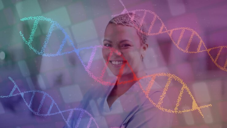 Animation of dna strands over biracial female doctor in hospital