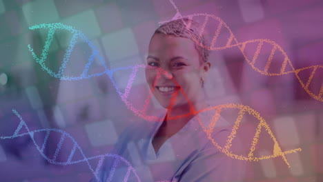 animación de cadenas de adn sobre una doctora biracial en el hospital