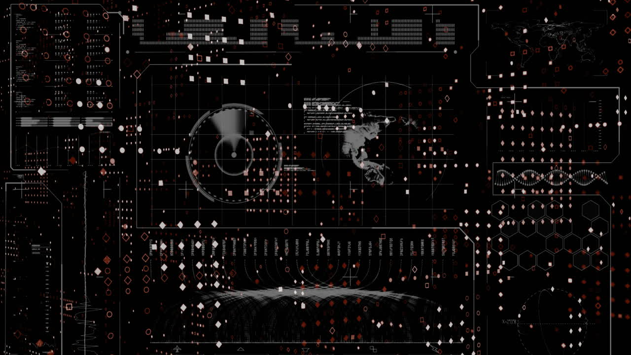 Animation of globe, soundwaves, radar, dna helix, dots forming abstract pattern on black background