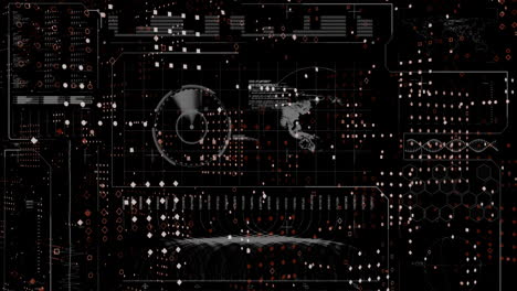 animation of globe, soundwaves, radar, dna helix, dots forming abstract pattern on black background