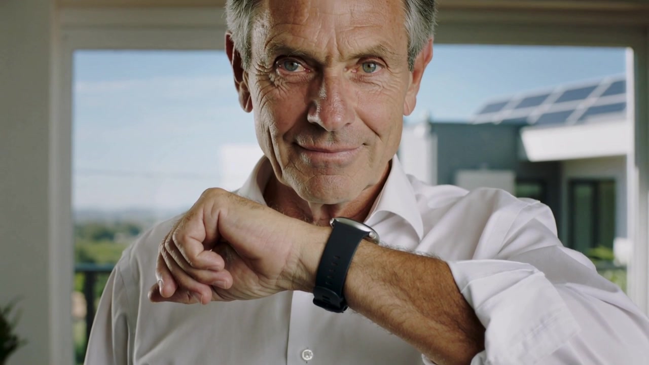 Checking watch, senior man in white shirt lifting wrist, noting time and smiling by balcony window